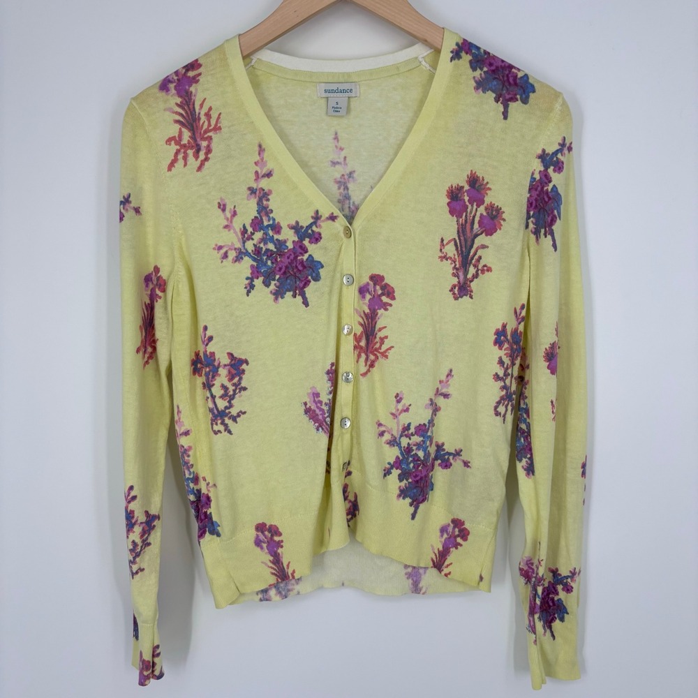 Sundance Linen Blend Cardigan Sweater Womens S Yellow Floral Print Lightweight